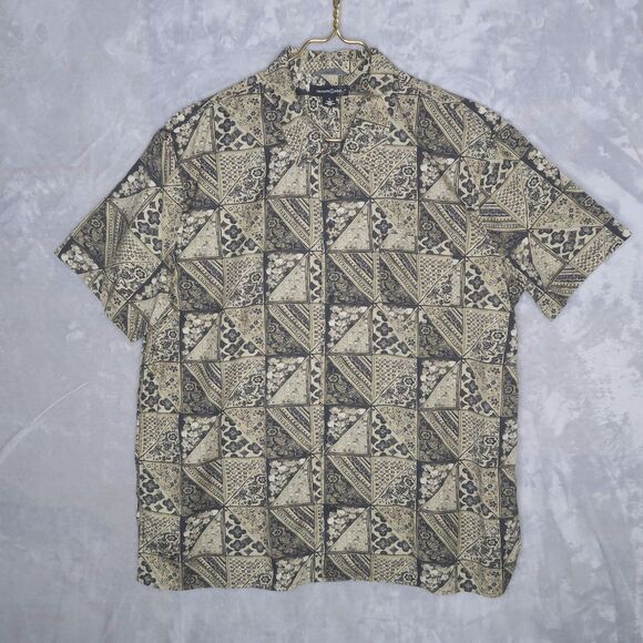 TREASURE BOND Black Tan Tapestry Patchwork Button Up Shirt Size L Lyocell Cotton - Picture 1 of 8